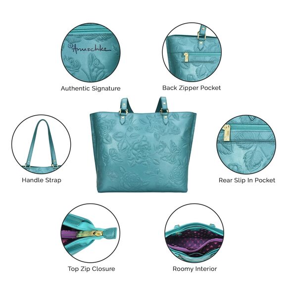 6183 ’s Hand-Painted Leather Large Zip Top Tote - Tooled Rose Teal